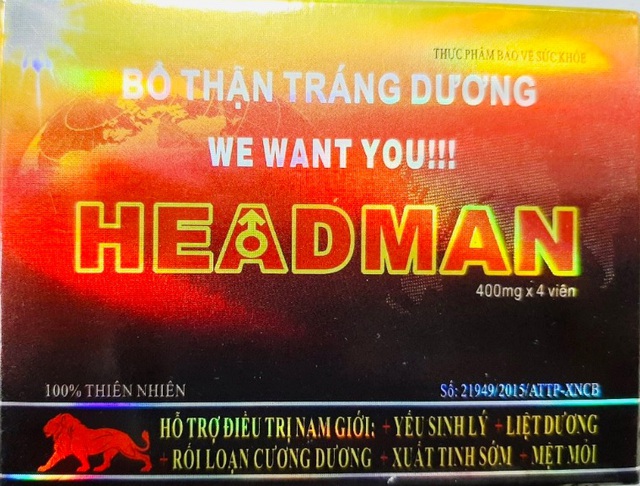 Mặt trước bao bì sản phẩm thực phẩm bảo vệ sức khỏe Bổ thận Tráng dương HEADMAN