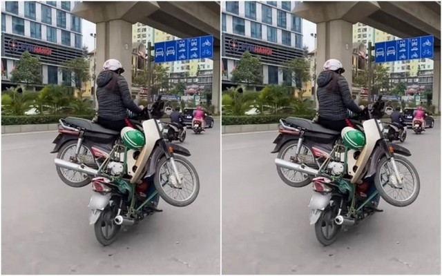CSGT Hà Nội xác minh hai xe máy ‘làm xiếc’ trên đường phố - Ảnh 1.