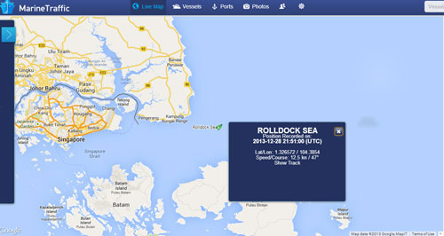 Vị trí tàu Rolldock Sea vào lúc 4 giờ 51 phút sáng 29/12/2013 (giờ Việt Nam). Ảnh: Marinetraffic.com