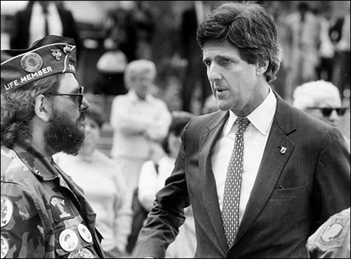 John Kerry chats with Vietnam veteran Everett Fontaine before a 24-hour City Hall Plaza vigil commemorating POWMIA families on September 21 1990 boston globe