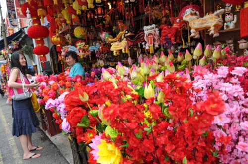 Decorative colourful fake flowers are displayed for sale outside a shop ahead of the Lunar New Year in Singapore on January 24, 2014. Ethnic Chinese will be celebrating the Lunar New Year of the Horse on January 31.