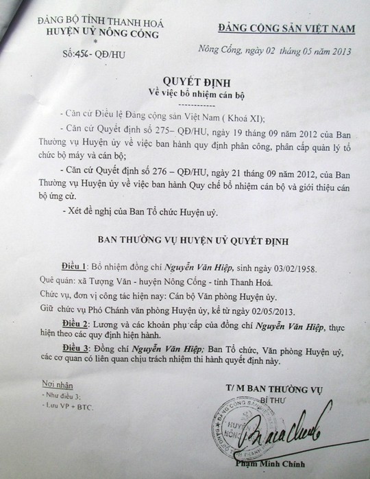 Quyết định bổ nhiệm ông Nguyễn Văn Hiệp làm Phó chánh văn phòng Huyện ủy Nông Cống sẽ bị hủy do người được bổ nhiệm không đạt tiêu chuẩn theo quy định.