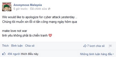 Thông điệp xin lỗi của nhóm hacke Anonymous được đăng tải bằng cả tiếng Anh lẫn tiếng Việt