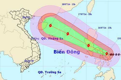 Bão Rammasun giật cấp 15 hướng thẳng vào vùng vịnh Bắc bộ nước ta. (Ảnh: NCHMF)