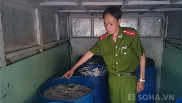 Nội tạng lợn được bảo quản trong các thùng phuy đã bốc mùi.
