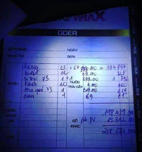 Tờ hóa đơn thanh toán ở bar hết hơn 200 triệu đồng