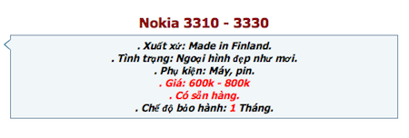 Điện thoại 3310 chào bán với ngoại hình đẹp như mới và giá từ 600 đến 800 ngàn đồng.