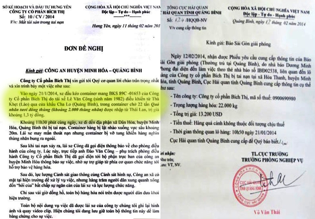 Giá trị lô hàng Cty cổ phần Bích Thị trình báo với Công an huyện Minh Hóa bị mất là khoảng 1,3 tỷ đồng (trái), nhưng Cục Hải quan Quảng Bình cho biết lô hàng đó trị giá 13.200 USD (khoảng 280 triệu đồng). Nguồn: GiadinhNet Giá trị lô hàng Cty cổ phần Bích Thị trình báo với Công an huyện Minh Hóa bị mất là khoảng 1,3 tỷ đồng (trái), nhưng Cục Hải quan Quảng Bình cho biết lô hàng đó trị giá 13.200 USD (khoảng 280 triệu đồng). Nguồn: GiadinhNet