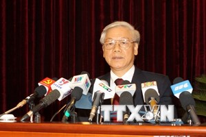 Tổng Bí thư Nguyễn Phú Trọng phát biểu bế mạc Hội nghị. (Ảnh: Trí Dũng/TTXVN)
