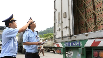 Lực lượng hải quan Lạng Sơn đang kiểm tra hàng tại cửaa khẩu