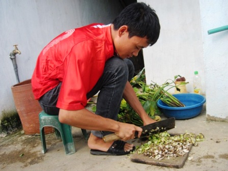  Công việc hàng ngày của Khánh là đi vớt bèo về băm để chăm nuôi gà giúp bố mẹ.