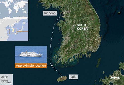 Vị trí phà Sewol gặp nạn. Đồ họa: BBC.