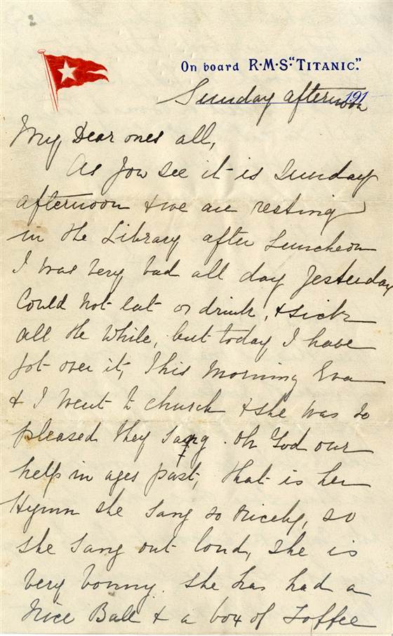 Lá thư do một người mẹ sống sót trên tàu Titanic viết, Esther Hart cùng cô con gái 7 tuổi Eva, và chồng Benjamin. Người chồng không may mắn đã không thể sống sót.