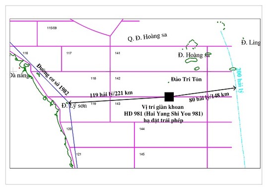 Dàn khoan HD 981 định vị khoan tại vị trí có tọa độ 15029’ vĩ độ bắc, 111012’ độ kinh đông, cách bờ biển Việt Nam khoảng 120 hải lý, nằm trong vùng đặc quyền kinh tế, thềm lục địa của Việt Nam - Ảnh: Tập đoàn dầu khí quốc gia Việt Nam