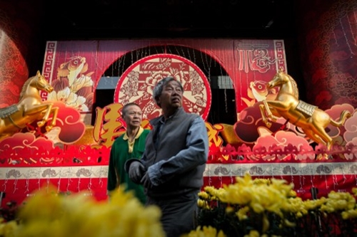 CHINA, HONG KONG : Two men look on in front of Chinese New Year decorations in Hong Kong on January 22, 2014. The Lunar New Year falls on January 31 and marks the beginning of the year of the horse in China. AFP PHOTO / Philippe Lopez