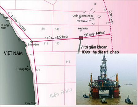 Vị trí giàn khoan Hải Dương 981 đang vi phạm vùng đặc quyền kinh tế của Việt Nam.