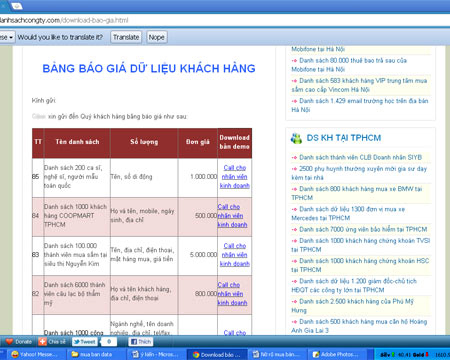 Bảng báo giá dữ liệu khách hàng vi phạm pháp luật rao bán trên mạng.