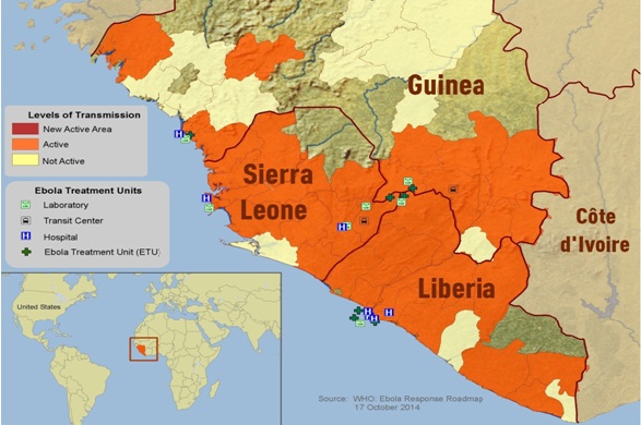 Bản đồ dịch Ebola trên thế giới. Nguồn: WHO.