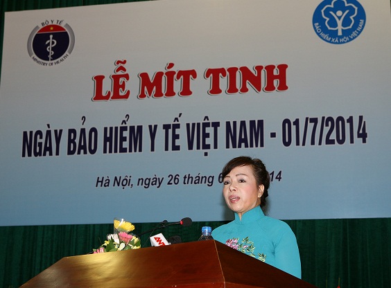 Bộ trưởng Bộ Y tế Nguyễn Thị Kim Tiến phát biểu tại lễ mít tinh Ngày Bảo hiểm Y tế Việt Nam năm 2014. Ảnh: T.Minh.