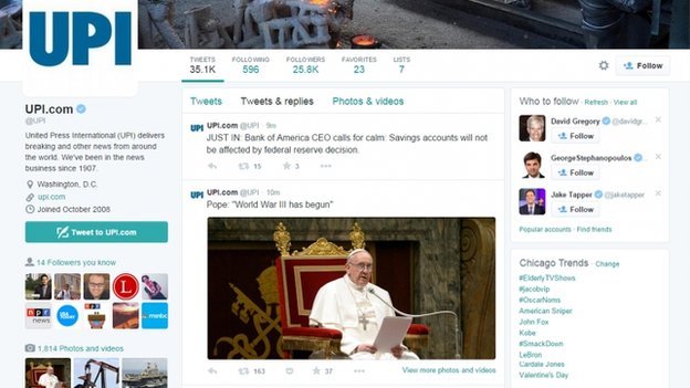 Tài khoản mạng Twitter của UPI đã bị cướp.