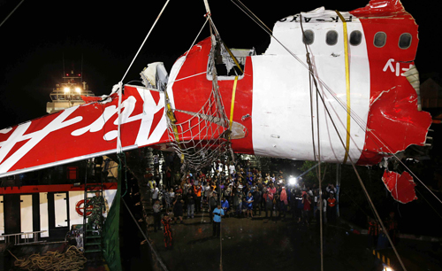 People watch as a section of the tail of AirAsia QZ8501 passenger plane is lifted off a ship and onto the back of a truck, the day after it was lifted from the seabed, in Kumai Port, near Pangkalan Bun, central Kalimantan January 11, 2015. Indonesian search teams believe they have found the fuselage of the AirAsia airliner that crashed in the Java Sea two weeks ago, and divers hope calmer waters on Monday will allow them to retrieve the black box flight recorders. Indonesia AirAsia Flight QZ8501 lost contact with air traffic control in bad weather on December 28, less than halfway into a two-hour flight from the Indonesian city of Surabaya to Singapore. None of the 162 people on the aircraft survived. REUTERS/Darren Whiteside (INDONESIA - Tags: DISASTER TRANSPORT MILITARY MARITIME)