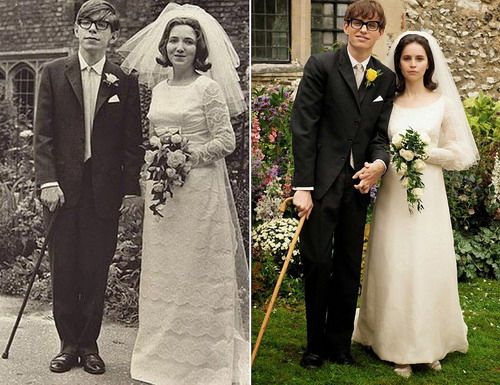 Stephen Hawking và người vợ đầu tên Jane ở ngoài đời (ảnh trái) và trên phim do Eddie Redmayne và Felicity Jones thủ vai.