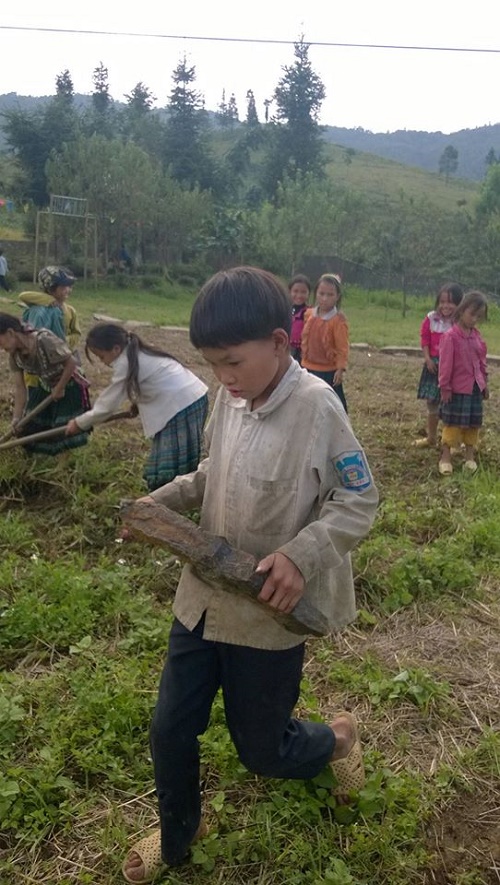 Các em học sinh cùng tham gia lao động công ích