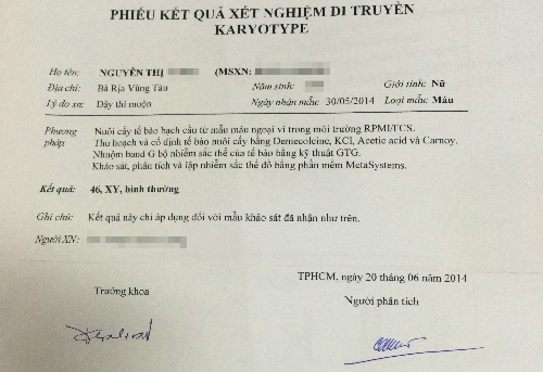 Kết quả xét nghiệm cho thấy nhiễm sắc thể 46XY, là nam hoàn toàn. Ảnh: Lê Phương.