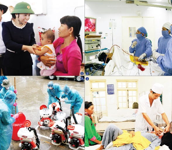 Ảnh 1: Bộ trưởng Nguyễn Thị Kim Tiến thăm hỏi con em ngư dân tại Trung tâm y tế Quân dân y huyện đảo Lý Sơn; Ảnh 2: Ứng dụng nhiều kỹ thuật cao điều trị cho bệnh nhân;Ảnh 3: Y tế dự phòng sẵn sàng ứng phó với các dịch bệnh; Ảnh 4: Người bệnh ở tuyến cơ sở được chăm sóc ngày càng tốt hơn (Bệnh viện tỉnh Điện Biên).