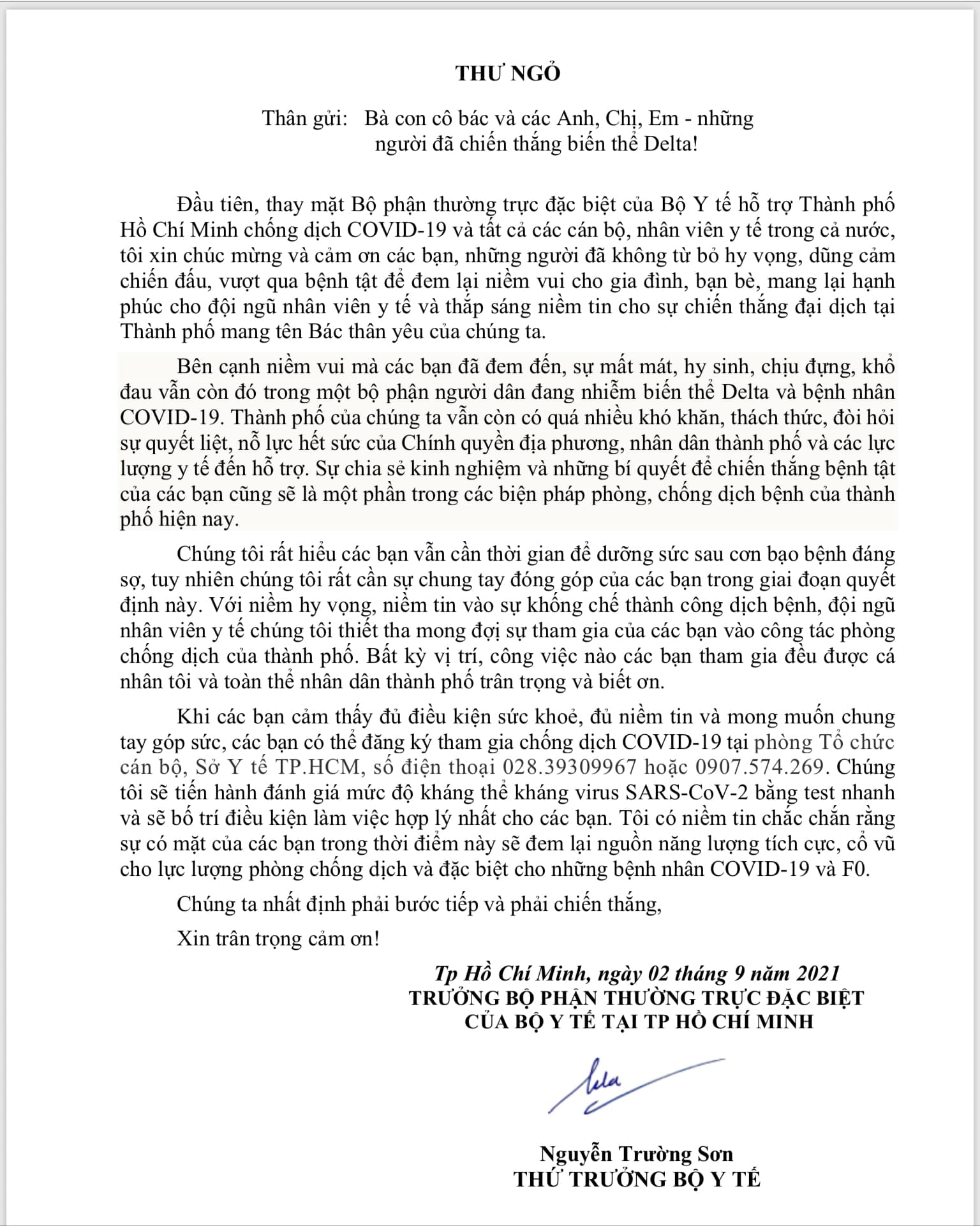 Thứ trưởng Nguyễn Trường Sơn gửi thư ngỏ kêu gọi những người đã khỏi ...