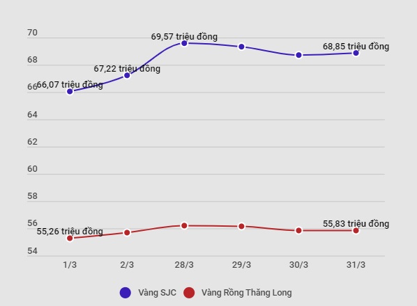 Giá vàng SJC tăng hơn 2,8 triệu đồng mỗi lượng trong tháng 3 - Ảnh 4.