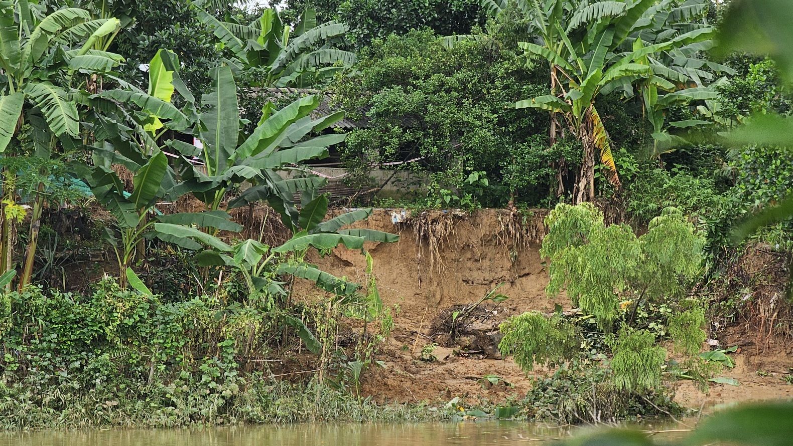 Bờ sông sạt lở nghiêm trọng sau mưa lũ uy hiếp nhà dân ở TP Huế - Ảnh 2.