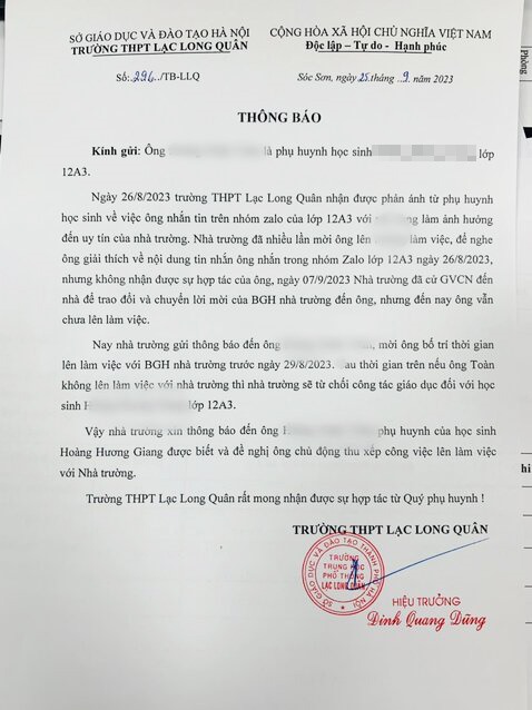 'Học sinh bị dọa đuổi học vì phụ huynh nhắn tin xúc phạm nhà trường', Sở GD&ĐT Hà Nội xác minh - Ảnh 1.