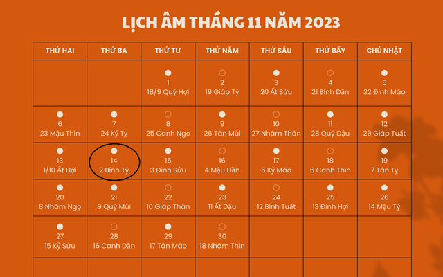 Lịch âm 14/11 - Âm lịch hôm nay 14/11 - Lịch vạn niên ngày 14/11/2023