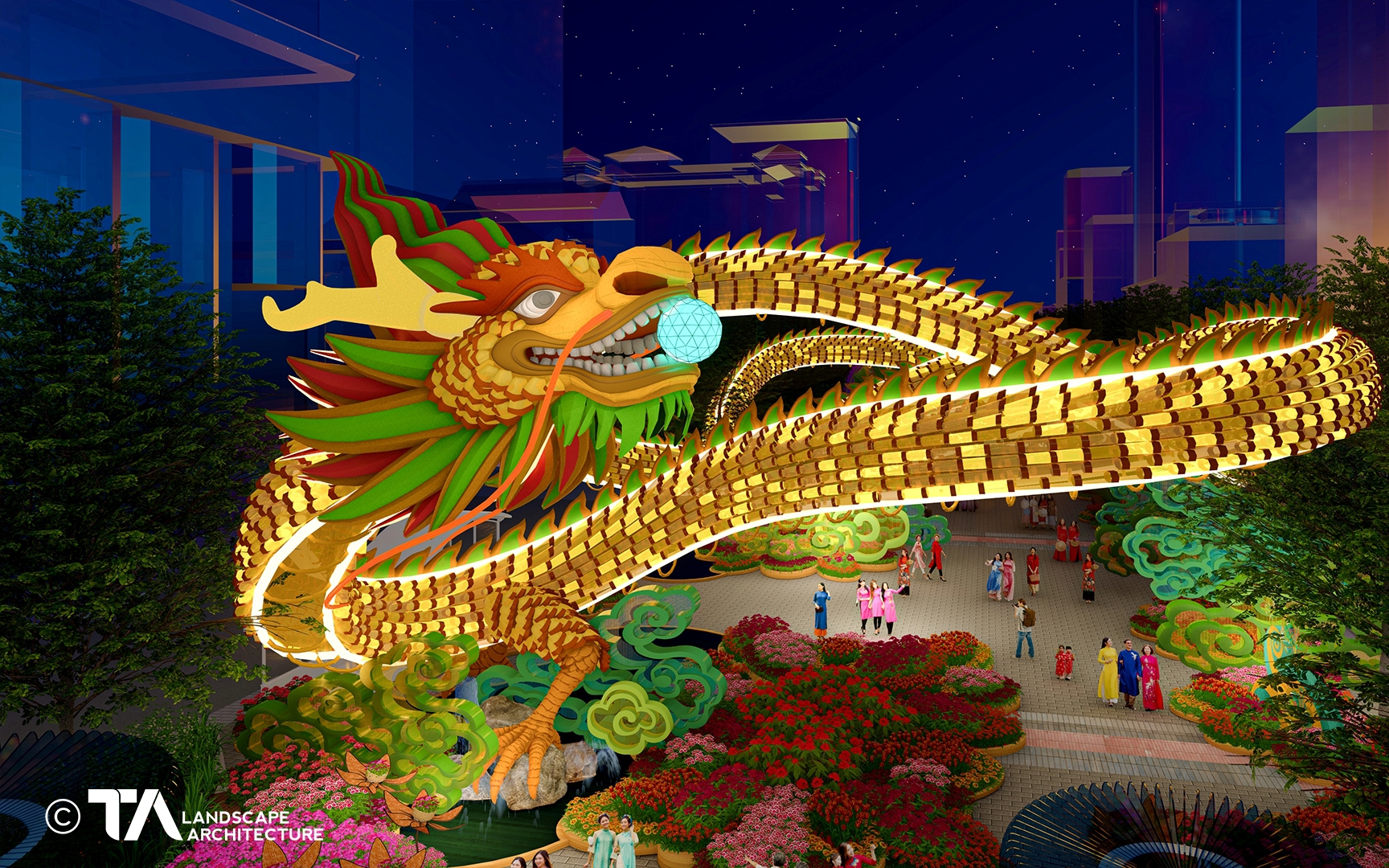 Đường hoa Nguyễn Huệ được trang trí linh vật rồng dài hơn 100 mét dịp Tết