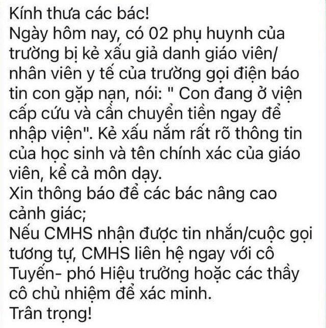 Nhiều trường học ở Hà Nội cảnh báo chiêu trò lừa đảo ‘con đang cấp cứu, yêu cầu chuyển tiền gấp’ - Ảnh 1.