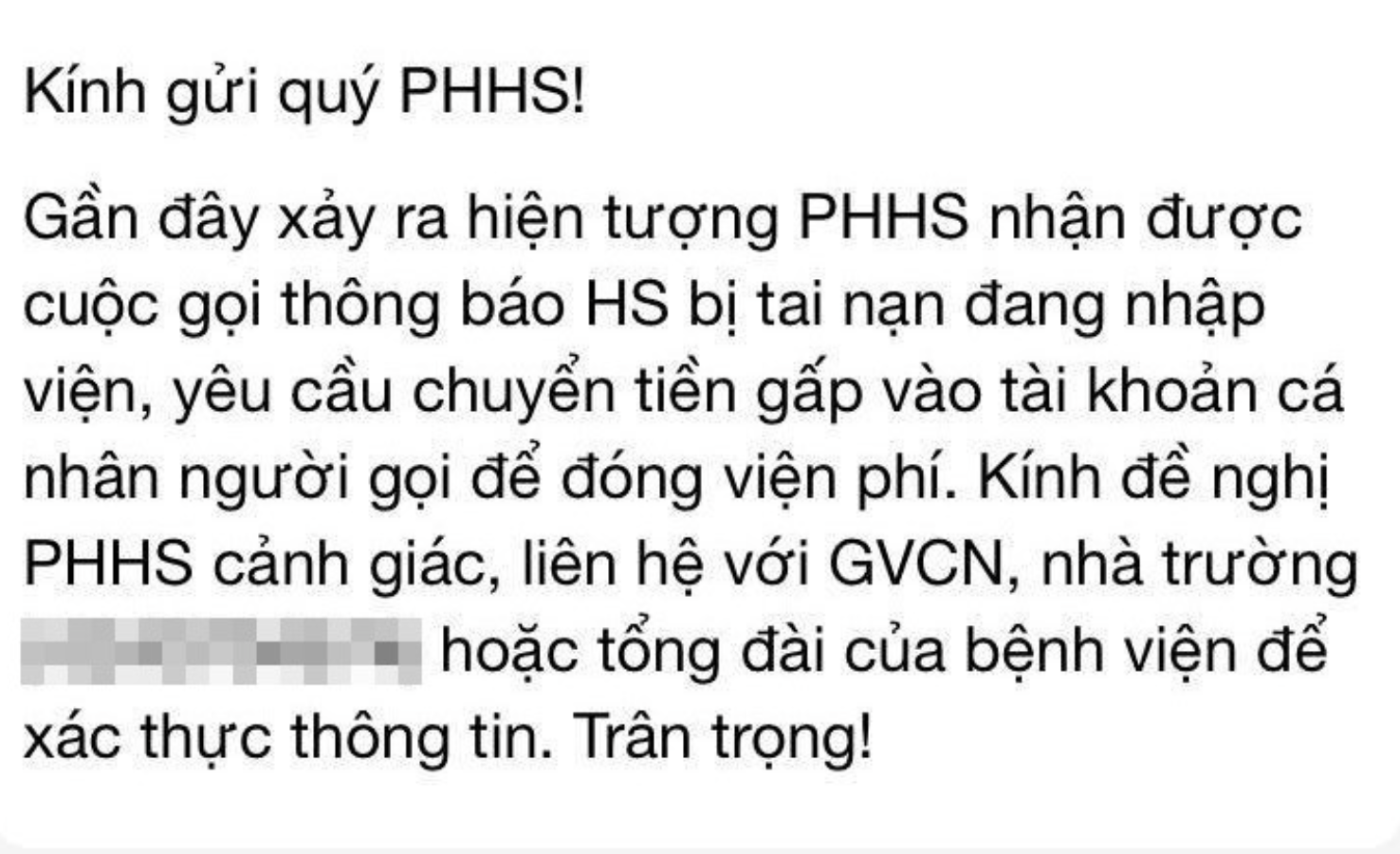 Nhiều trường học ở Hà Nội cảnh báo chiêu trò lừa đảo ‘con đang cấp cứu, yêu cầu chuyển tiền gấp’ - Ảnh 2.