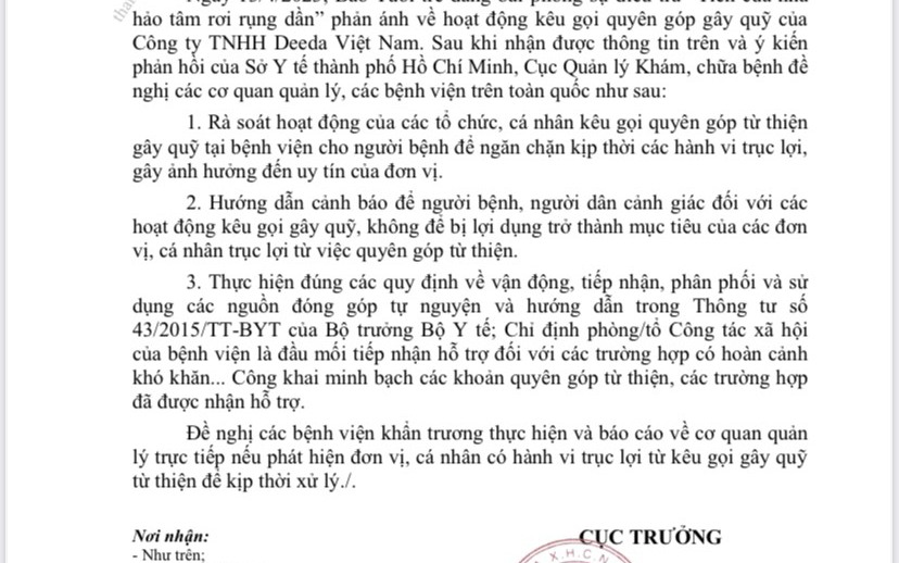 Bộ Y tế: Các bệnh viện rà soát hoạt động kêu gọi quyên góp từ thiện để ngăn chặn hành vi trục lợi