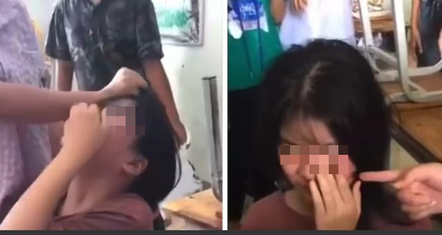 Hình ảnh học sinh bị hành hung. Ảnh cắt từ clip trên mạng xã hội.