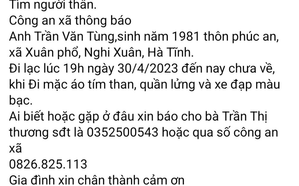 Người đàn ông rời nhà đi biệt tăm, cả gia đình hoang mang