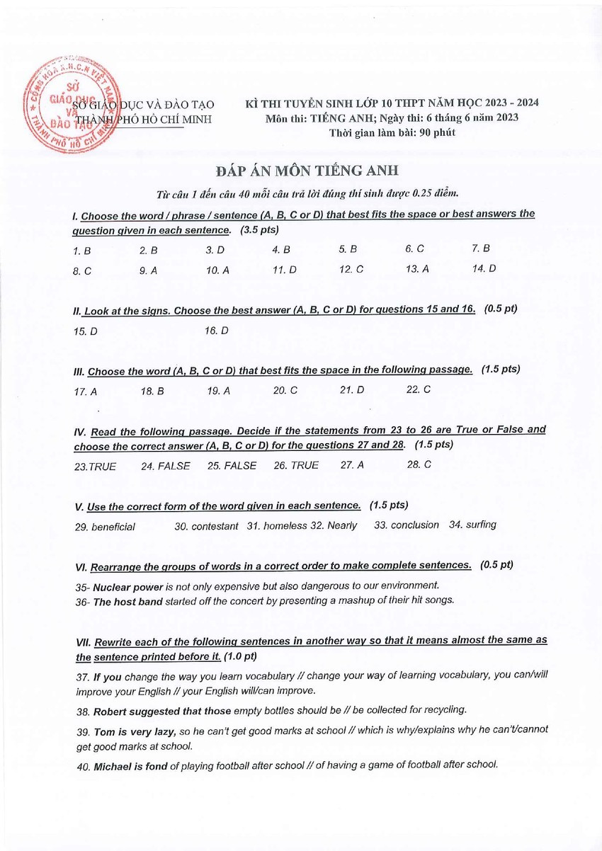 Toàn bộ đáp án chính thức 3 môn thi vào lớp 10 ở TP.HCM - Ảnh 10.