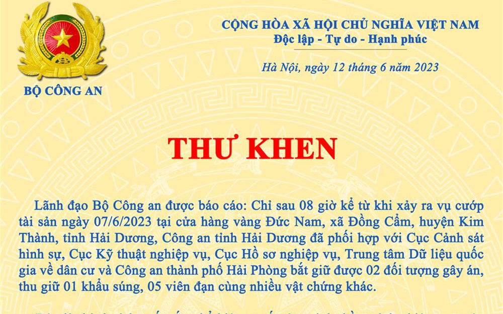 Phá vụ án cướp tiệm vàng sau 8 giờ, Công an Hải Dương nhận Thư khen của Thứ trưởng Bộ Công an