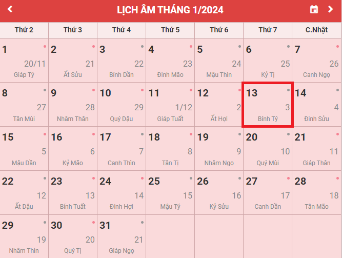 Lịch âm 13/1 Âm lịch hôm nay 13/1 Lịch vạn niên ngày 13/1/2024