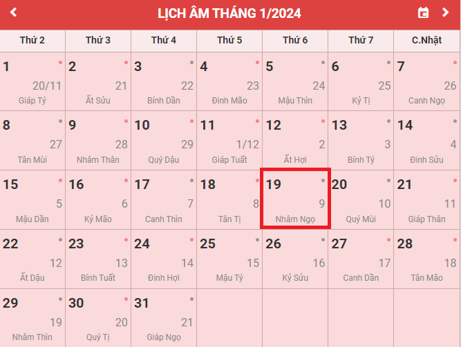 Lịch âm 19/1 Âm lịch hôm nay 19/1 Lịch vạn niên ngày 19/1/2024