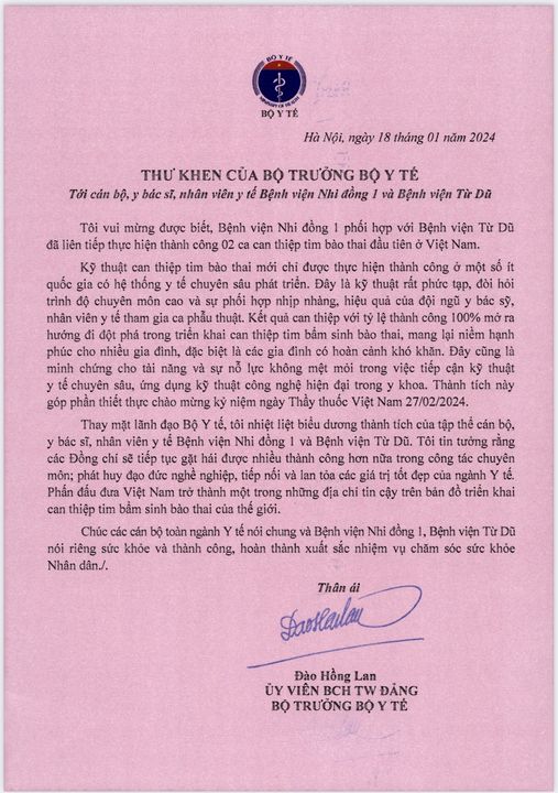 Bộ trưởng Đào Hồng Lan gửi thư khen 2 bệnh viện thực hiện kỳ tích 'thông van tim xuyên bào thai'- Ảnh 1.