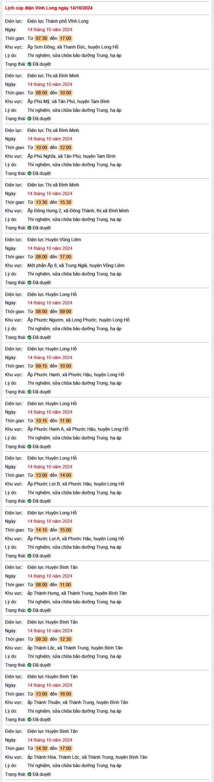 Lịch cúp điện hôm nay Thứ 2 ngày 14/10/2024 tại Vĩnh Long- Ảnh 1.