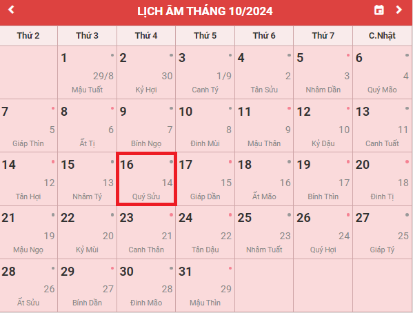 Lịch âm 16/10 - Âm lịch hôm nay 16/10 - Lịch vạn niên ngày 16/10/2024- Ảnh 1.