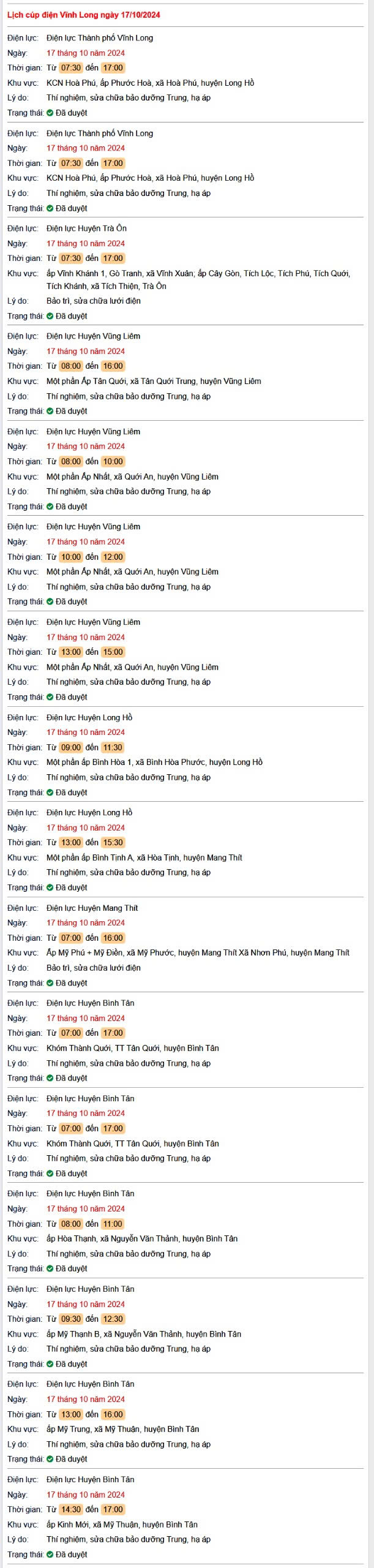 Lịch cúp điện hôm nay Thứ 5 ngày 17/10/2024 tại Vĩnh Long- Ảnh 1. Lịch cúp điện hôm nay Thứ 5 ngày 17/10/2024 tại Vĩnh Long- Ảnh 1.