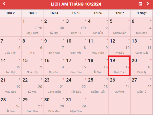 Lịch âm 19/10 - Âm lịch hôm nay 19/10 - Lịch vạn niên ngày 19/10/2024- Ảnh 1.