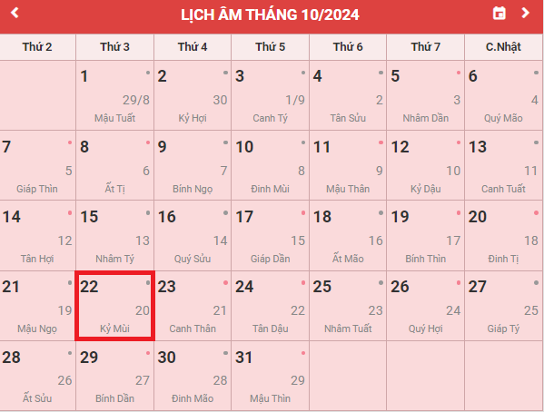 Lịch âm 22/10 - Âm lịch hôm nay 22/10 - Lịch vạn niên ngày 22/10/2024- Ảnh 1.